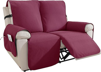 Easehomey 100% Waterproof Loveseat Recliner Cover Non-Slip Sofa Cover with Elastic Band Two Pockets, Washable Recliner Couch Cover 2 Seat Furniture Protector for Kids,Pets (Wine Red,Recliner Loveseat)