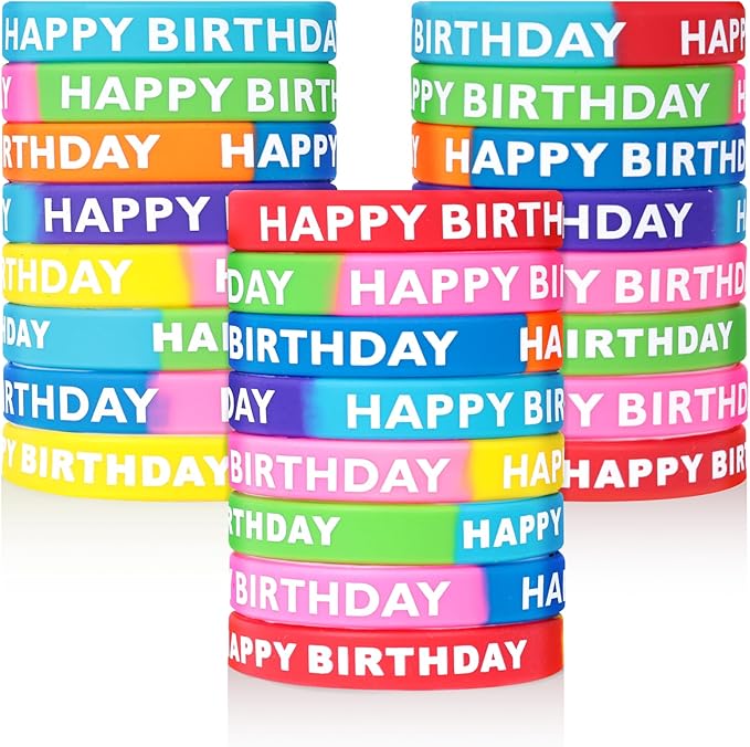 LovesTown 24PCS Happy Birthday Rubber Bracelets, Silicone Stretch Wristbands for Kids Party Supplies