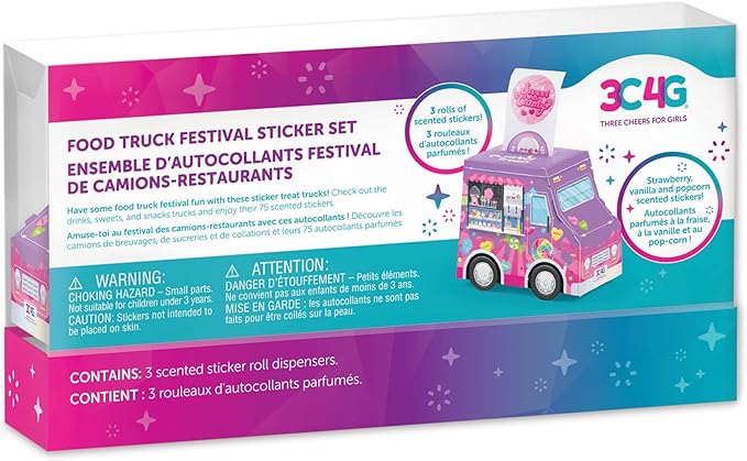 3C4G: Food Truck Festival Sticker Set - 3 Vehicles That Dispense Rolls of Scented Stickers, Sweets, Drinks & Food, Three Cheers for Girls, Kid Age 6+