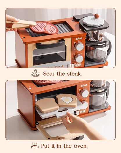 ROBUD Toddler Kitchen Playset - Wooden Breakfast Set with Coffee Maker, Toaster, Griddle, Play Food - Realistic Pretend Play Kitchen Appliance and Accessories for Kids Ages 3+ Boys and Girls (Caramel)