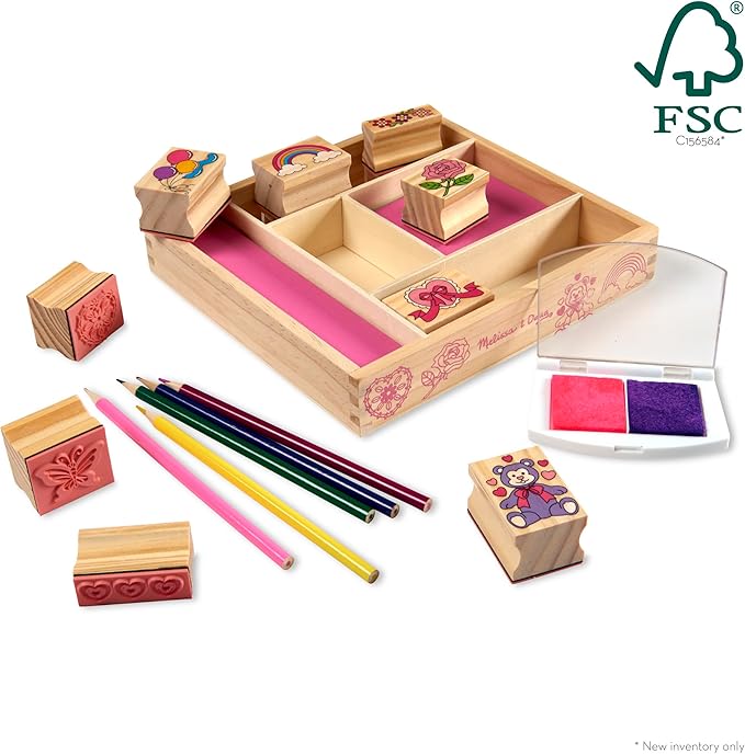 Melissa & Doug Wooden Stamp Set: Friendship - 9 Stamps, 5 Colored Pencils, and 2-Color Stamp Pad - FSC Certified