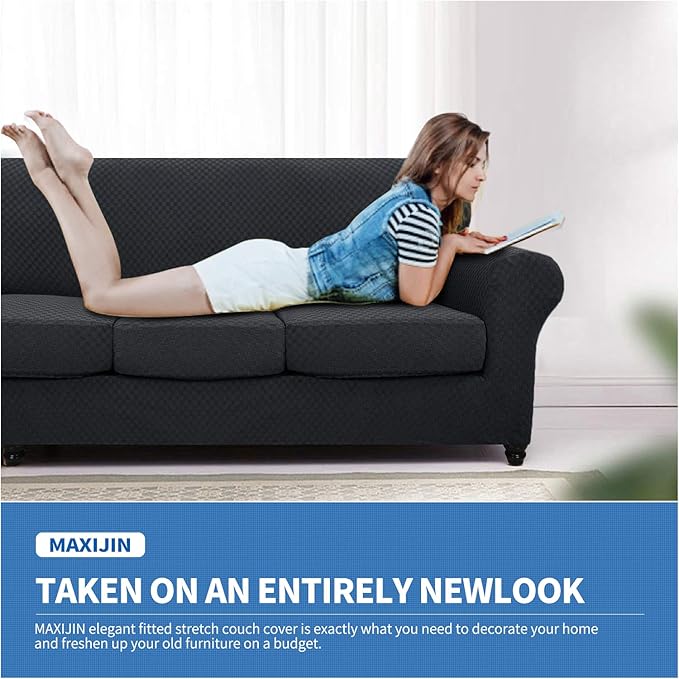 MAXIJIN 4 Piece Jacquard Extra Large Couch Covers for 3 Cushion Couch Super Stretch Non Slip Couch Cover for Dogs Pet Friendly Sofa Slipcover Furniture Protector (Oversized Sofa, Black)