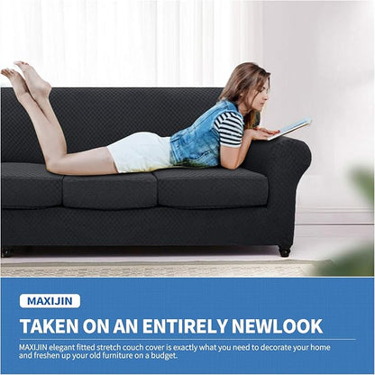 MAXIJIN 4 Piece Jacquard Extra Large Couch Covers for 3 Cushion Couch Super Stretch Non Slip Couch Cover for Dogs Pet Friendly Sofa Slipcover Furniture Protector (Oversized Sofa, Black)