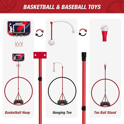 HYES 4 in 1 Kids Basketball Hoop and Tball Set for Toddlers 3-5, Adjustable Hanging Tee Ball Stand with Automatic Baseball Pitching Machine, Indoor Outdoor Sport Toys Birthday for Boys
