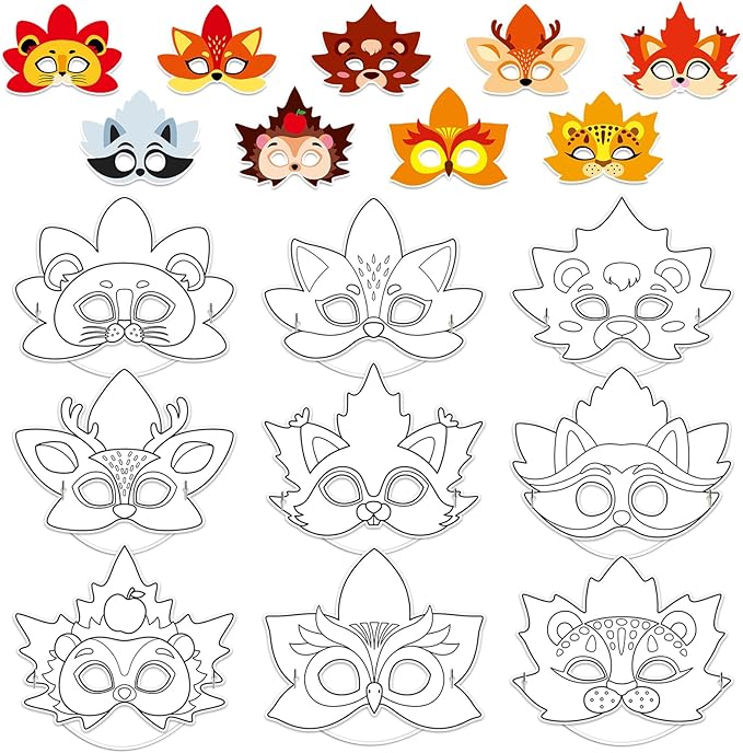 36 Set Fall Thanksgiving Animal Coloring Mask Paper Art Craft Kids Color Your Own Animals Blank DIY Mask Masquerade Birthday Party Dress-Up Decoration Favor School Classroom Activity Game Supplies