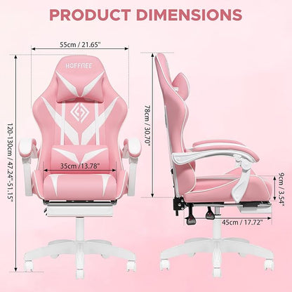 HOFFREE Pink Gaming Chair with Massage for Girls Cute Computer Gamer Chair with Footrest and Lumbar Support Reclining PC Game Chair with Headrest for Gaming Room