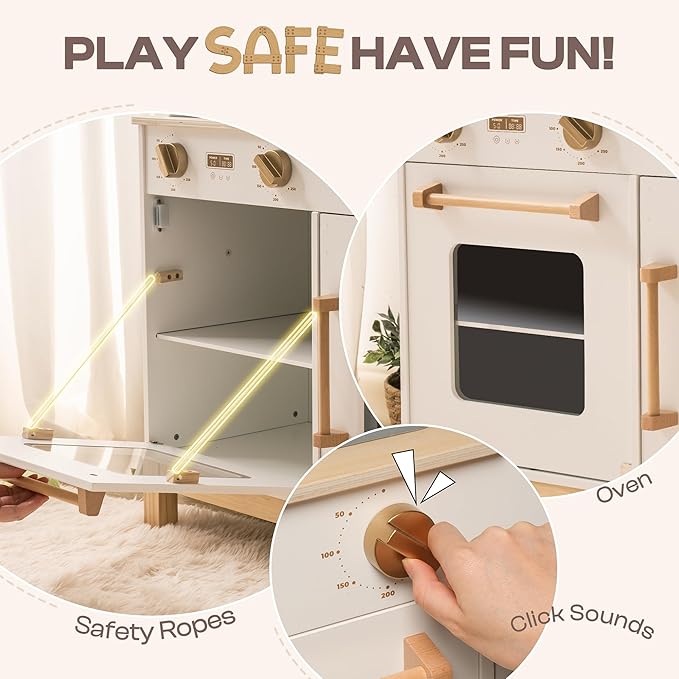 ROBOTIME Play Kitchen for Toddlers, Wooden Kids Play Kitchen Playset with Real Lights & Sounds/Ice Cube Dispenser, Pretend Play Toy Kitchen, Gift for Ages 3+ (White)