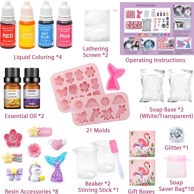 Golray Soap Making Craft Kit for Kids Girl Toys, Make 40 Pcs+ Soap Supplies with Unicorn/Mermaid/Butterfly Model, 2 Essential Oil, DIY Science Art and Craft Kit for Kid Girl Age 5-7 8-12 Year Old Gift
