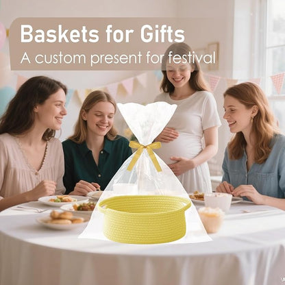 JMvicyroam Woven Basket,Small Rope Storage Bin with Handles & Ribbon Bag, Organizer for Shelves Closets,Gift Basket Empty for Birthday,Books,Dog Toys, Yellow/2 Pack