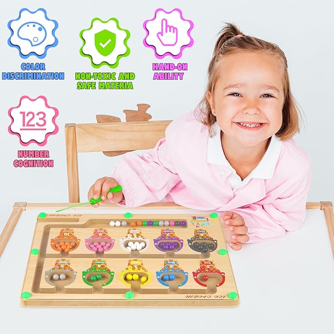 Magnetic Color and Number Maze, Wooden Color Matching Learning Counting Magnet Puzzle Board Montessori Toys, Toddler Educational Fine Motor Skills Learning Toys for Boys Girls 3+ Years Old