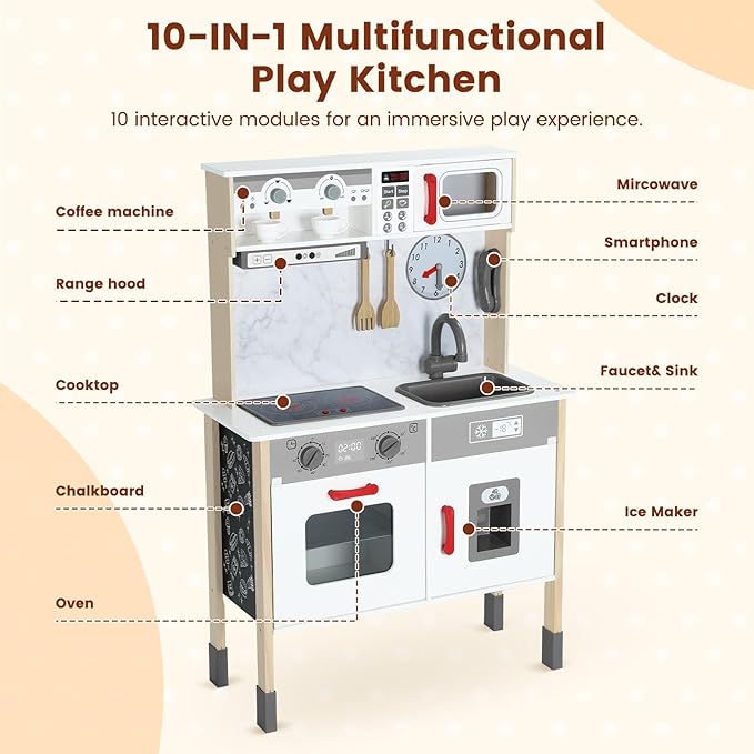 Play Kitchen Wooden Kids Kitchen Playset Pretending Toys for Toddlers with Real Lights & Sounds, 3 Heights Adjustable, Chalkboard, 35Pcs Toy Food & Cookware Accessories-Gray