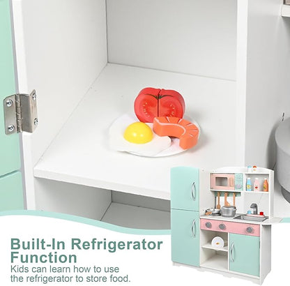 Wooden Play Kitchen Toy Kitchen Set with Stove,Oven,Sink,Fridge and 11 Pcs Kitchen Playset Accessories, Play Kitchen Sets for Kids,Toddler Kitchen Playset,Montessori Toys for Kids 4-8 Year Boys&Girl