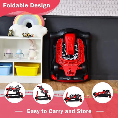 GLACER Foldable Baby Walker, 4-in-1 Infant Walker with Adjustable Height & Speed, Music, Light, Steering Wheel & Washable Cushion, Baby Walker Activity Center for Boys Girls 6 –18 Months (Red)