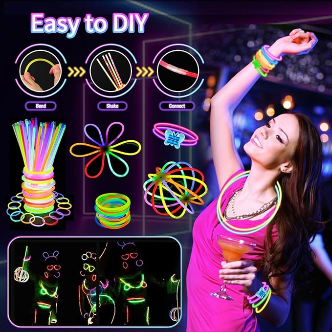 JOJUJB 290PCS Glow in the Dark Party Supplies for Kids Adults,Light Up Party Favors with Light Up Toy Glasses,100 Glow Sticks Bulk Party Pack DIY Glow Necklaces,Bracelets
