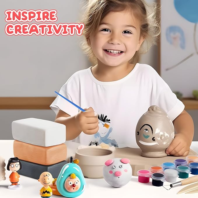 Skirfy Pottery Clay Air Dry Clay Kit,2.6lb of Clay Paint with 6 Paint Pots&Paint Brush,Ceramic Clay Pottery Clay for Wheel,Clay Making Kit for Kids Art Craft for Kids 6+,White,Gray,Nature Color