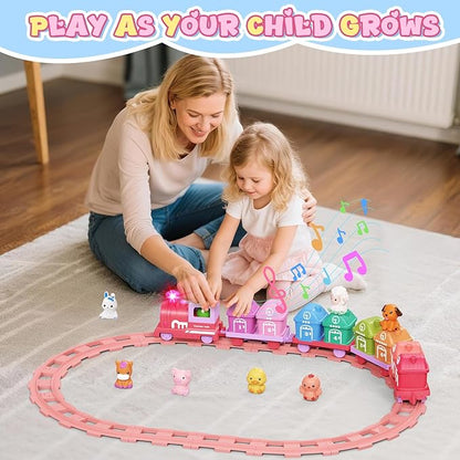 Train Set for Girls 2-4, Electric Toy Train with Farm Animals & Music & Lights, Montessori Counting & Sorting Learning Toys for Toddler Girls 1 2 3 Year Old, Christmas Easter Birthday Gift