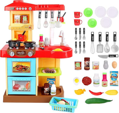 deAO Kitchen Playset Toy Pretend Food with Sounds and Lights Role Playing Game Pretend Food and Cooking Playset for Toddlers,Kitchen Toys for Boys Girls
