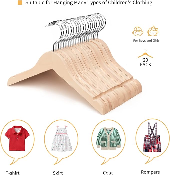 Nature Smile 20 Pack Unfinished/Natural Kids Baby Children Toddler Wooden Shirt Dress Coat Hangers with No Painting - 360°Stronger Anti-Rust Chrome Swivel Hook - Extra Smoothly Cut Notches