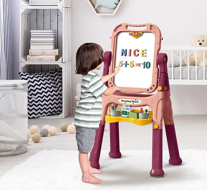 Art Easel for Kids with Magnetic Drawing Board, Double Sided Easel with Magnetic Letters & Numbers Easel, Adjustable Standing Easel for Toddler, Creative Play for Kids (Pink)