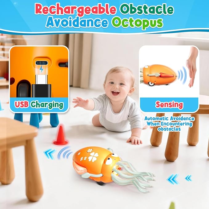 Dancing Squid Baby Toy, Infant Tummy Time Toys for 3-6 Months, Interactive Crawling Octopus with Music & Lights for 6-12, 12-18 Learning Walking Toy for Toddlers 1 Year Old Boys Girls Birthday Gifts