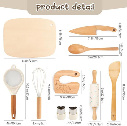 Wooden Kids Safe Knife and Kids Baking Set for Real Cooking, 10 Pcs Montessori Kitchen Tools,Toddler Knife Set Ideal for Cooking and Baking