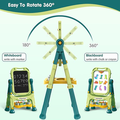 Kids Art Easel, Adjustable Drawing White Board & Chalk Board, Toddler Standing Easel with Painting Accessories, Gift for Girls Boy (Green)