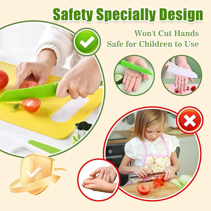 Montessori Kitchen Tools for Toddlers Cooking, Wooden Kids Kitchen Knife Set Include Plastic Toddler Safe Knives, Apron Set, Cutting Board, Sandwich Cutter, Y Peeler, Crinkle Cutter