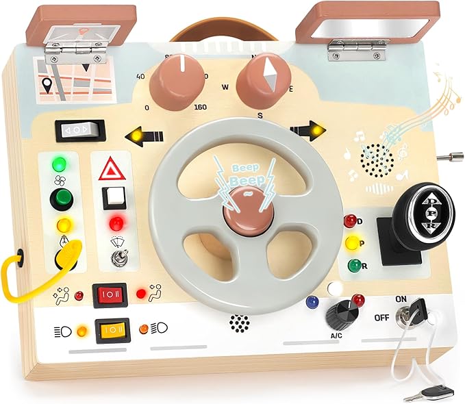 Joyreal Montessori Toddler Busy Board - Montessori Toys for 1 2 3 Years Old, Wooden Sensory Board with LED Lights, Steering Wheel, Music Player, Travel Toys for 1+ Year Old Boy & Girl Birthday Gift