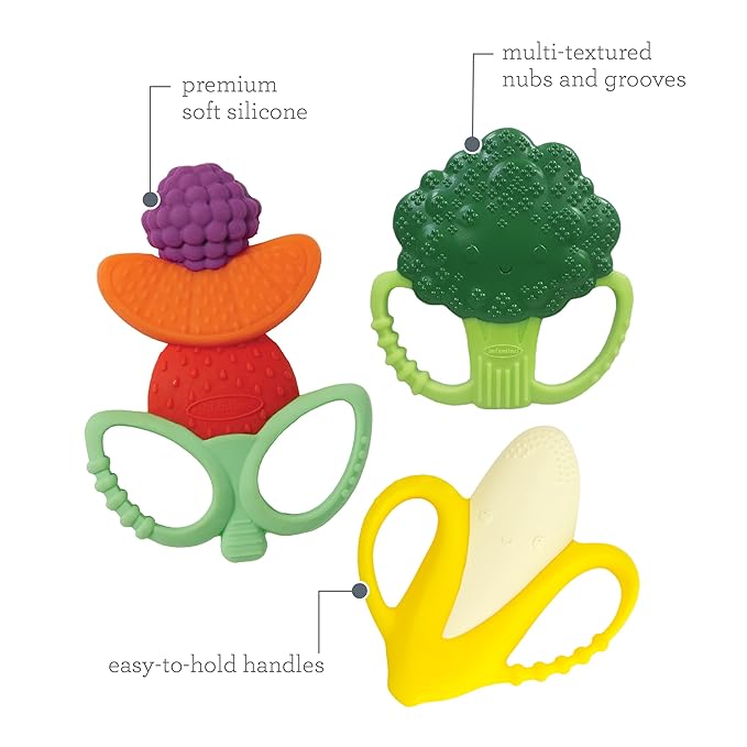 Infantino Farmers Market Teether Gift Set - Set of 3 BPA-Free Fruit & Veggie Textured Silicone Teethers for Soothing Sore Gums, Multicolor