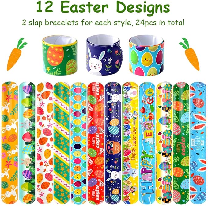 48Pcs Easter Party Favors Easter Slap Bracelets Rubber Wristbands Assorted Easter Egg Fillers Gifts for Kids Girls Boys Easter Basket Stuffers