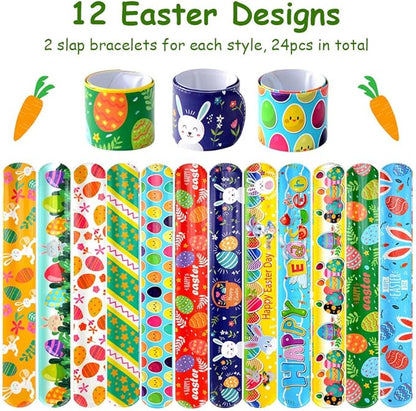 48Pcs Easter Party Favors Easter Slap Bracelets Rubber Wristbands Assorted Easter Egg Fillers Gifts for Kids Girls Boys Easter Basket Stuffers