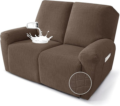 MAXIJIN Waterproof Loveseat Recliner Cover 4 Pieces Reclining Love Seat Slipcvers, Recliner Sofa Cover 2 Seater with Elastic Straps & Pockets for Pet, Kids (Loveseat Recliner, Light Coffee)