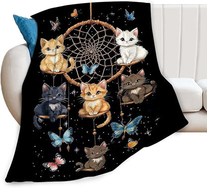 Cute Cat Throw Blanket Dream Catcher Cartoon Cat Gifts for Kids Girls Adults Women Soft Cozy Warm Plush Fluffy Fuzzy Fleece Blanket Birthday Festival Home Decor 40''X50''