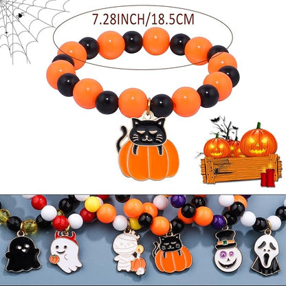 15PCs Halloween Bracelets Girls Boys Bracelets with Pumpkin Ghost Eyeball Clown Wizard Hat Skeleton Cat Halloween Pendants for Halloween Party Favors