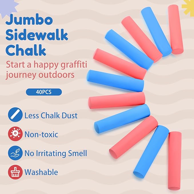 Fulmoon 40 Pcs Jumbo Sidewalk Chalk for Kids Outdoor Art Non Toxic Large Washable Street Chalk for Adults Drawing Painting Graffiti Classroom(Red, Blue,Round Style)