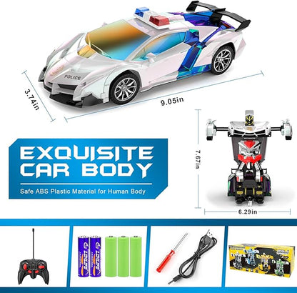 FDJ Transform Remote Control Car - Toys Car Robot with Shiny Sprayed Surface, One Button Deformation to Robot with Flashing Light, 2.4Ghz 1:18 Scale Transforming Police Car Kids Toys