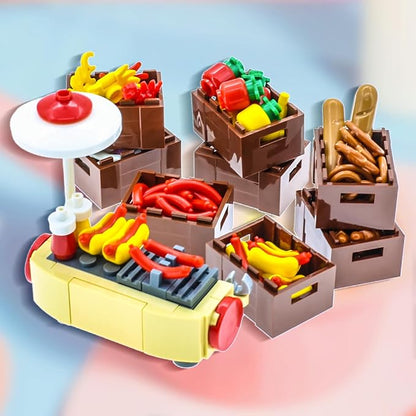 190 Pcs Supermarket Building Block Set Compatible with City-Food, Restaurant-Kitchen Kit with Hotdog-Stall-Ice-Cream-Turkey-Banana Handcart Fish Crab