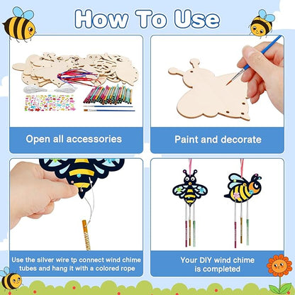 Fennoral 10 Pack Bee Wind Chime Kit for Kids Make You Own Honey Bee Wind Chimes Ornaments DIY Coloring Wooden Art and Craft for Insects Spring Art Activities Birthday Party Decorations