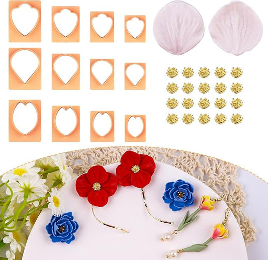 Puocaon Petal Polymer Clay Cutters - 12 Pcs Petal Clay Cutters for Polymer Clay Jewelry, 20 Pcs Flower Pistil Brass Charms 2 Petal Texture Clay Molds for Polymer Clay Jewelry, Flower Earrings Making