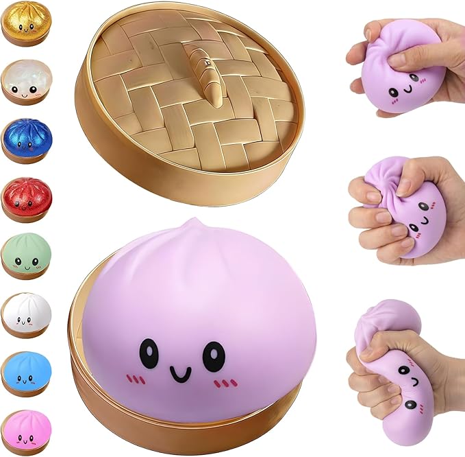 Glitter Dumpling Squishy,Dumpling Squishies,Glitter Dumpling Mystery Box,Colorful Dumpling Stress Balls Fidget,Jumbo Squishy Toy with Steamer Box,Soft Squeeze Decompression Dough (Purple)
