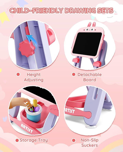 TEKFUN LCD Writing Tablet Doodle Board, 13 Inch Pink Adjustable Standing Art Easel for Toddler, Rabbit Erasable Drawing Board for Kids, Educational Toys Birthday Gift for 1-6 Year Old Girls
