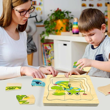 Montessori Wooden Puzzles for Kids Ages 4-8, 4 Layer Life Cycle Jigsaw Puzzle for Toddlers, Children Preschool Learning Educational Puzzles Toys for Boys and Girls (Frog)