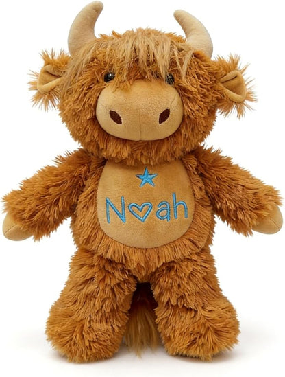Personalized Highland Cow Stuffed Animal - Custom Name & Date Embroidered Plush Toy - Soft Farm Cow Nursery Decor, Baby Shower & Birthday Keepsake Gift for Boys Girls (10/13/16 Inch)