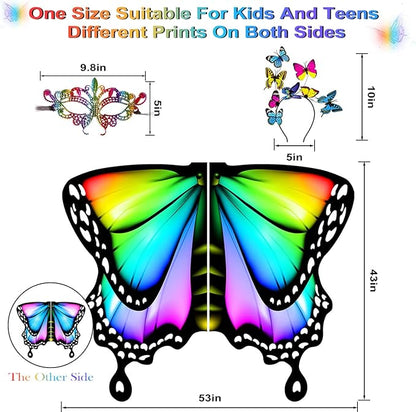 Butterfly Wings For Girls, Double-Sided Fairy Wings, Halloween Costumes for Kids, 3PCS Butterfly Cape Set.