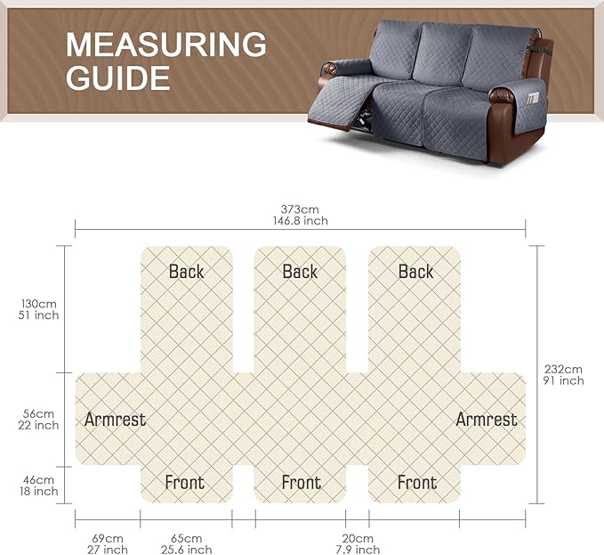 KinCam Waterproof Recliner Sofa Cover, Non-Slip Reclining Couch Covers for 3 Seat, Recliner Couch Cover Furniture Protector with Elastic Straps for Pets, Kids, Dark Gray