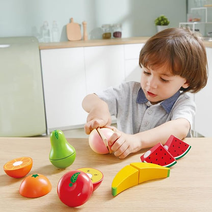 Hape: Fruit Set - 7pc, Wooden Food Play Set, Knife & Velcro Stick Together Fruit Pieces, Cut in Half, Kitchen Pretend Play, Realistic Toy, Kids Age 3+
