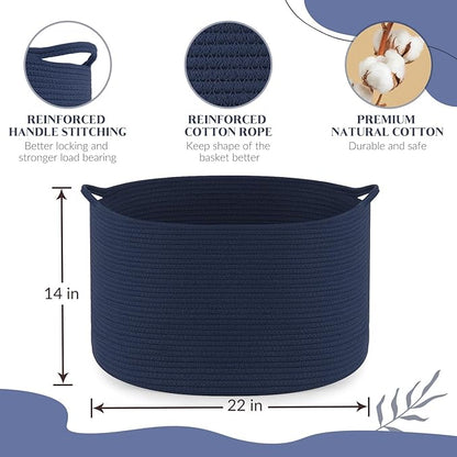 Extra Large Blanket Basket, Maliton Cotton Rope Bin for Toys, Woven Laundry Hamper with Handles, Decorative Storage for Living Room, Bedroom, Kids Room, Bathroom, 22" x 22" x 14", Blue