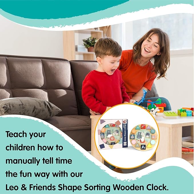 LEO & FRIENDS Shape Sorting Clock - 1 to 12 Removable Number Blocks Included, Learn How to Tell Time, Premium Wooden Educational Toy, Fun Puzzle Stacking and Sorting for Children Ages 3+