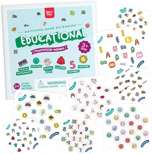 Nene Toys Educational Memory Extension Cards - 24 Extra Themed Patterns – Additional Matching Cards with Numbers, Letters, Animals, Body Parts Exclusive Size