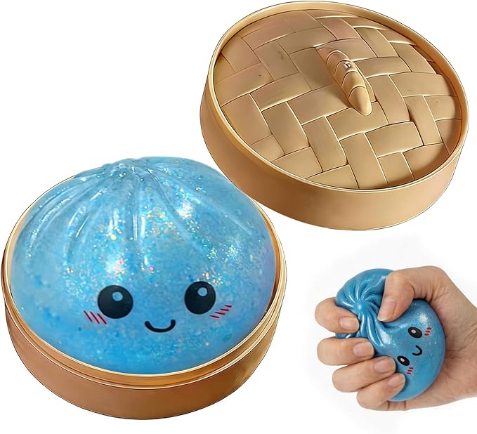 Dumpling Squishies Toy, Giant Glitter Dumpling, Colorful Steamed Bun Stress Balls Fidget Sensory Toy,Jumbo Squishy Toy with Steamer Box,Soft Squeeze Decompression Dough (Glitter Blue)